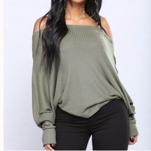 Fashion Nova Olive Green Off-the-Shoulder Waffle Knit Top